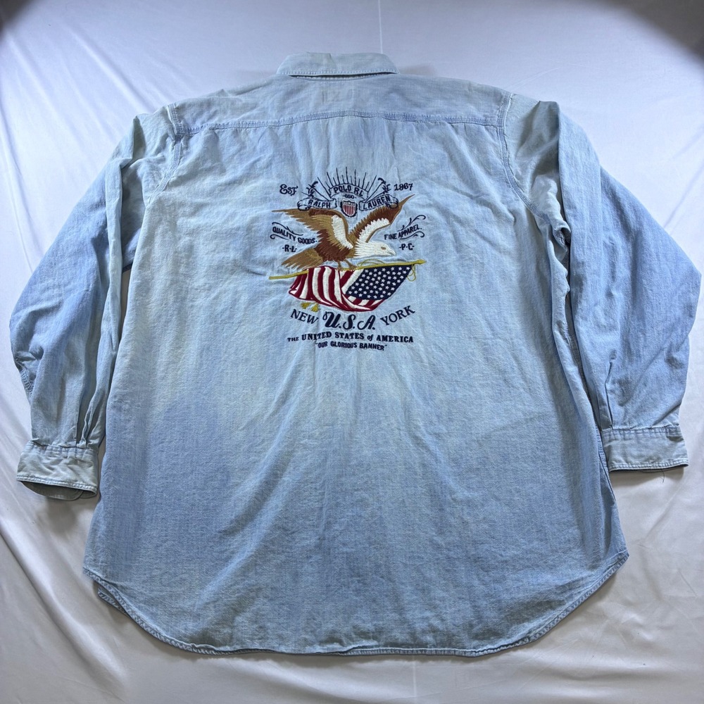 VTG Polo Ralph Lauren Eagle American Flag Denim Shirt Light Wash 2XLT Rare